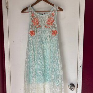 Free People Lace Dress Blue Embroidered Rose Boho High Low Size S